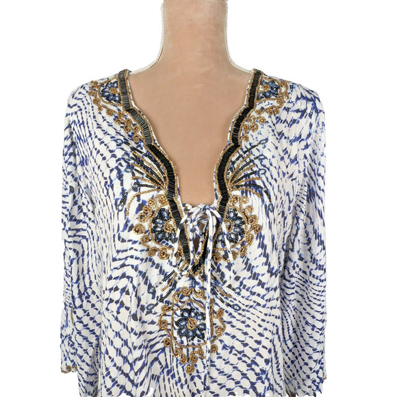 Soft Surroundings XL Blue White Tie Dye Beaded Laced Tie Rayon Tunic - Picture 4 of 10